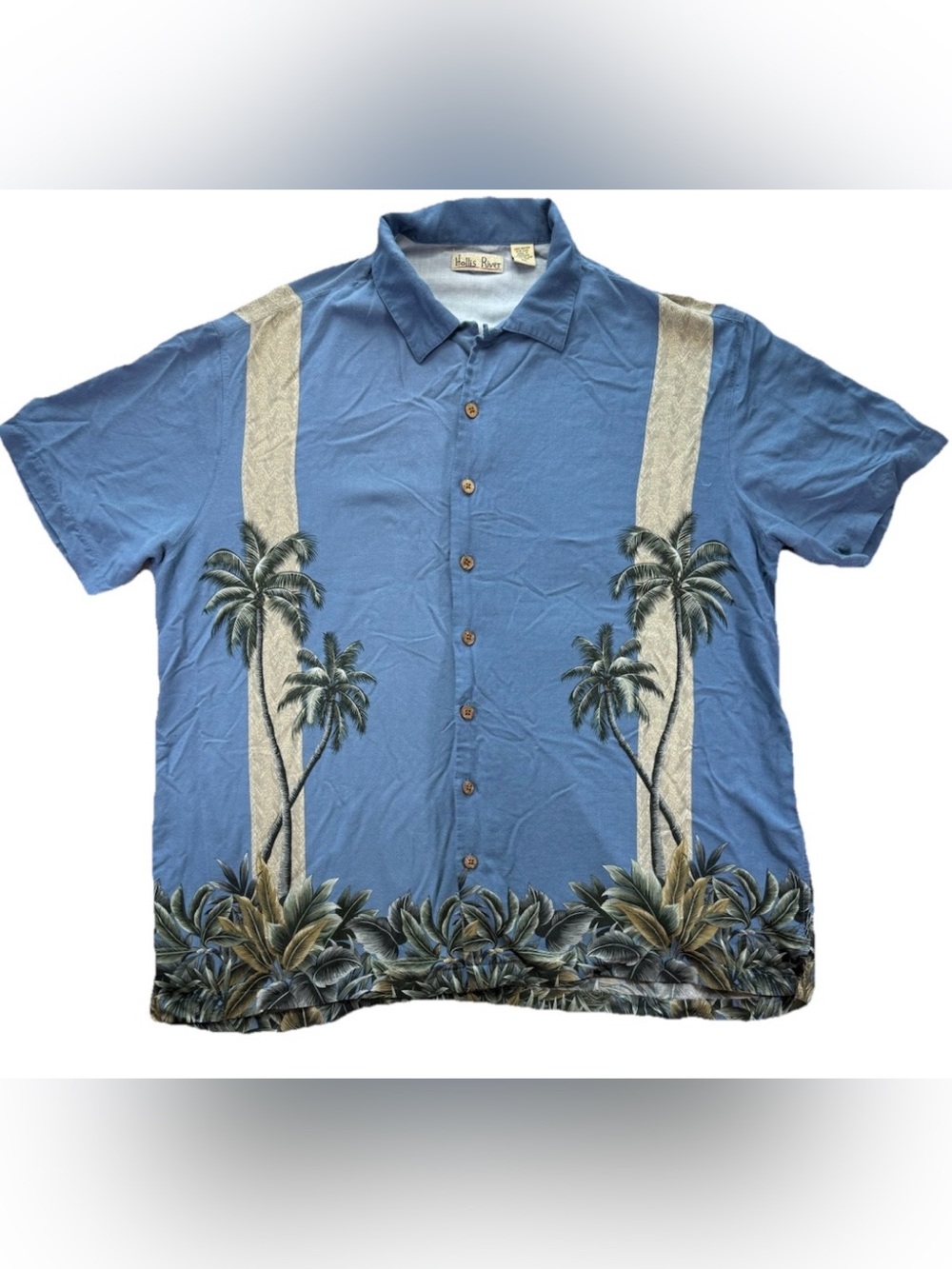 Vintage Hollis River Palm Tree Hawaiian Button Up Shirt Men's 2XL Blue Y2K Beach